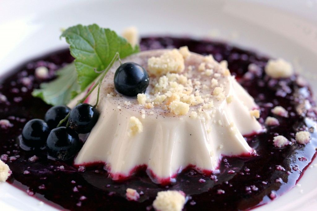 Vähähiilihydraattinen panna cotta ja mustaherukkakastike lautaselta tarjottuna, kastike alla peilinä ja vhh-keksejä murennettu päälle